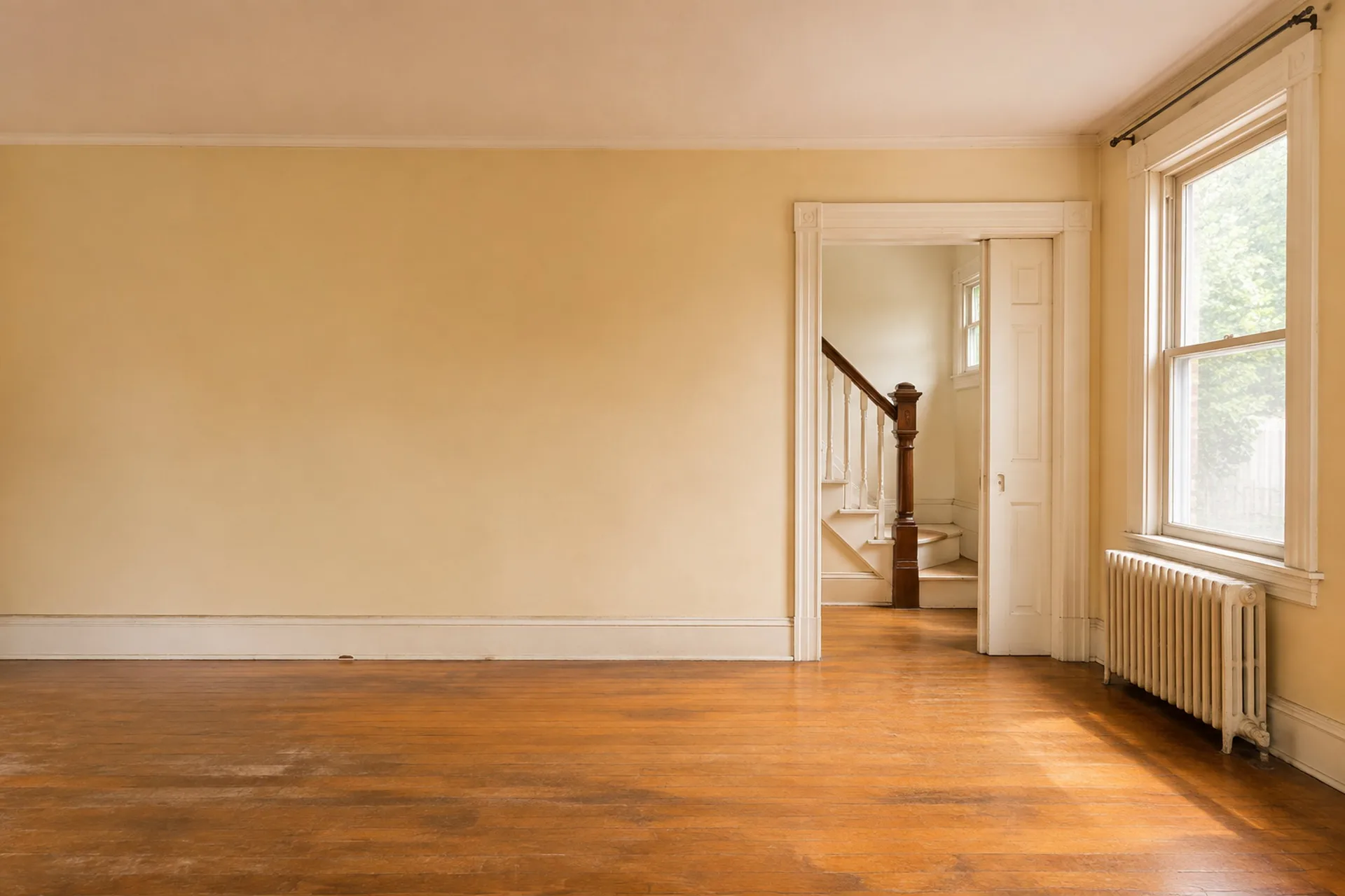 Wohnraum vor der Renovierung — vergilbte Wände und abgenutzter Dielenboden